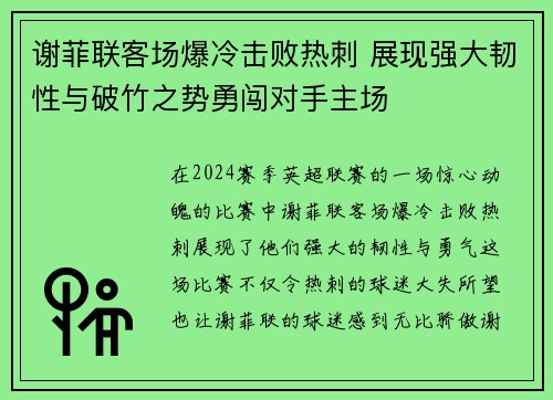 谢菲联客场爆冷击败热刺 展现强大韧性与破竹之势勇闯对手主场